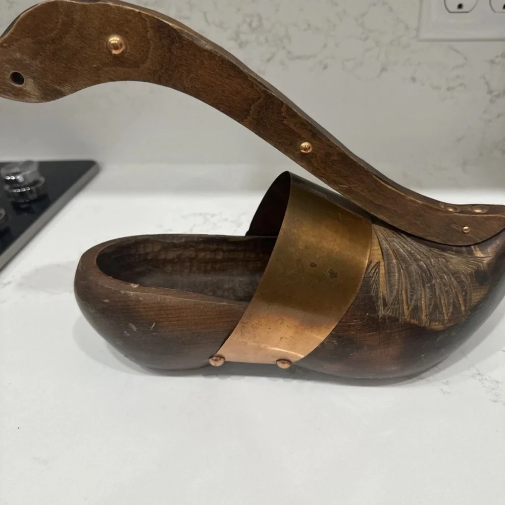 VIntage Carved Wood Clog/Shoe COPPER BAND Wine Bottle Holder- See Pics!